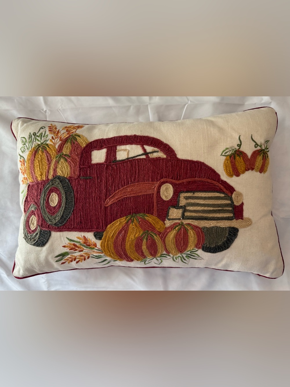 Like New Pier 1 Embroidered “Grateful Harvest” Decorative Pillow